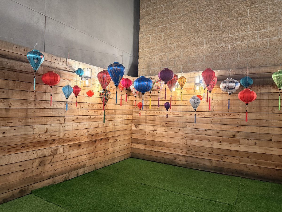 Outdoor courtyard with turf and colorful hanging lanterns along a wood fence